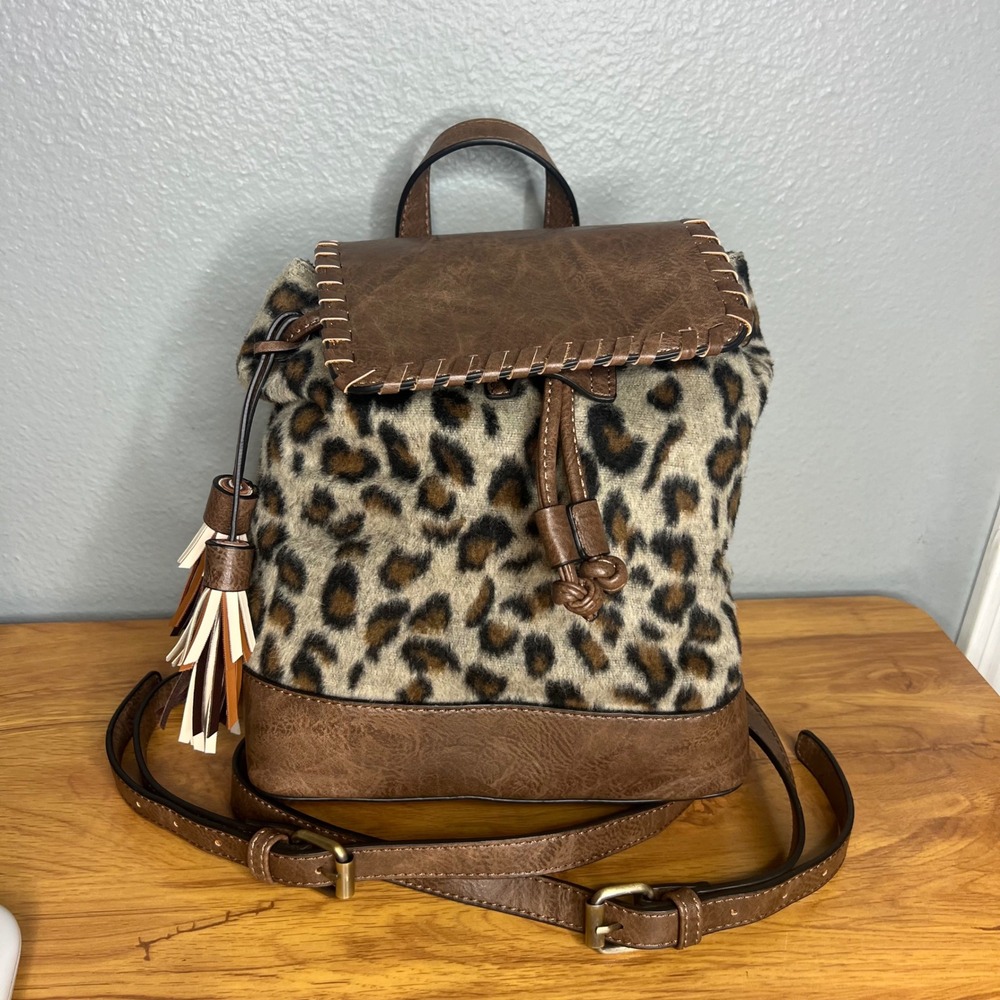 Jen & Co Backpack Vegan Leather Leopard Print Faux Fur Tassel Small
